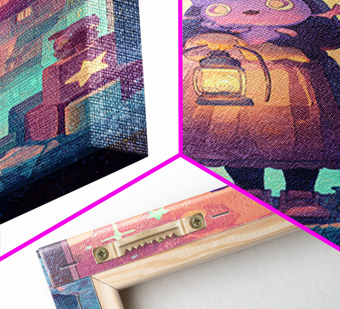 The Child Who Caught A Moon-Spawn, Vaporwave Halloween Decor, Vertical Wall Art, Framed Canvas Print, Retro Halloween Decor, Neon Wall Art