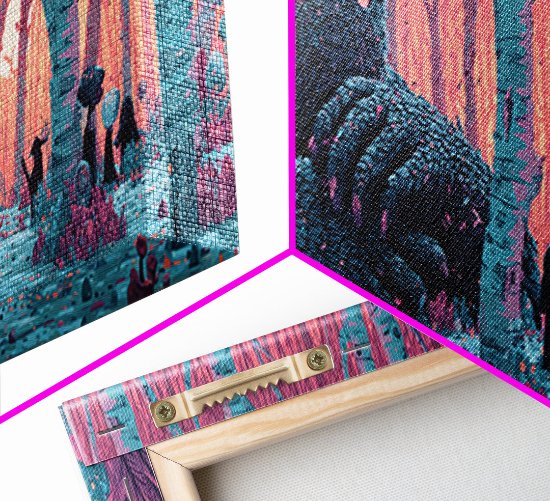 The Sleeper In The Birch Grove, Cosmic Synthwave Horror, Extra Wide Wall Art, Canvas Print, Retro Halloween Decor, Neon Wall Art