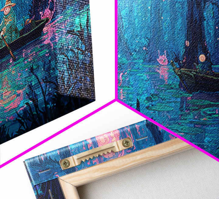 The Ferryman Of The Outer Marsh, 80s Halloween Wall Art, Wide Panoramic Art, Canvas Print, Retro Halloween Decor, Neon Wall Art