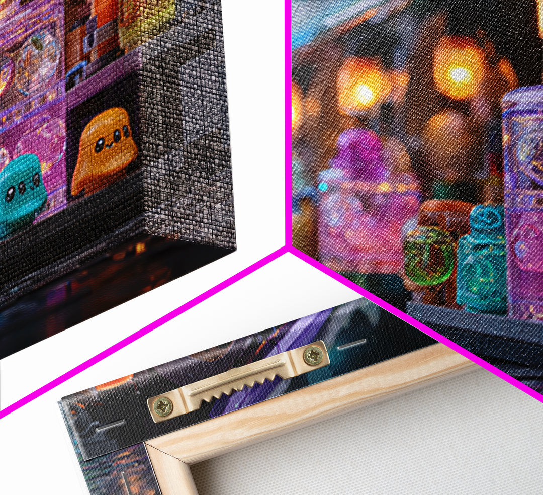 The Lantern Market Beyond The Veil, Cute Eldritch Neon Art, Landscape Wall Art, Canvas Print, Retro Halloween Decor, Neon Wall Art
