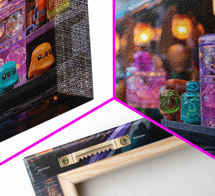 The Lantern Market Beyond The Veil, Cute Eldritch Neon Art, Landscape Wall Art, Canvas Print, Retro Halloween Decor, Neon Wall Art