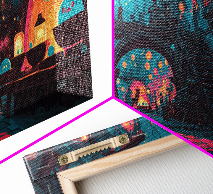 The Lantern Market Beyond The Veil, Cute Spooky Neon Art, Wide Panoramic Art, Canvas Print, Retro Halloween Decor, Neon Wall Art