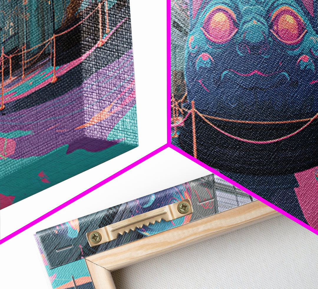 The Custodian Of The Whispering Idol, Cute Spooky Neon Art, Wide Panoramic Art, Canvas Print, Retro Halloween Decor, Neon Wall Art