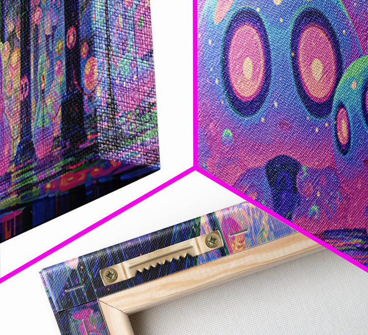 The Custodian Of The Whispering Idol, Cute Eldritch Neon Art, Extra Wide Wall Art, Framed Canvas Print, Retro Halloween Decor, Neon Wall Art