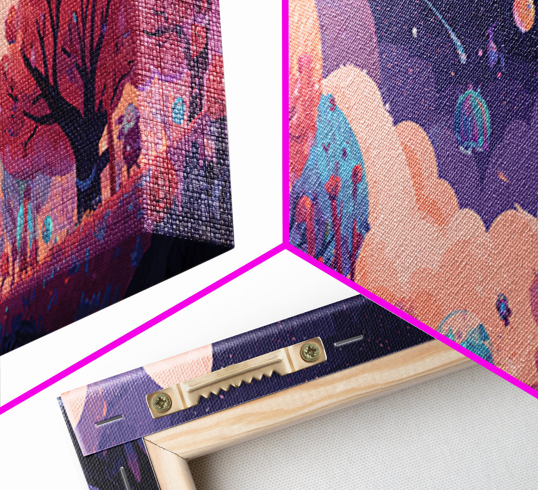 The Children Of The Star Orchard, Cosmic Synthwave Horror, Extra Wide Wall Art, Framed Canvas Print, Retro Halloween Decor, Neon Wall Art