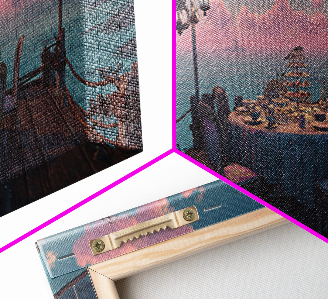 The Tea Party At Innsmouth Pier, Cute Eldritch Neon Art, Wide Panoramic Art, Canvas Print, Retro Halloween Decor, Neon Wall Art