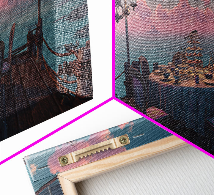 The Tea Party At Innsmouth Pier, Cute Eldritch Neon Art, Wide Panoramic Art, Canvas Print, Retro Halloween Decor, Neon Wall Art