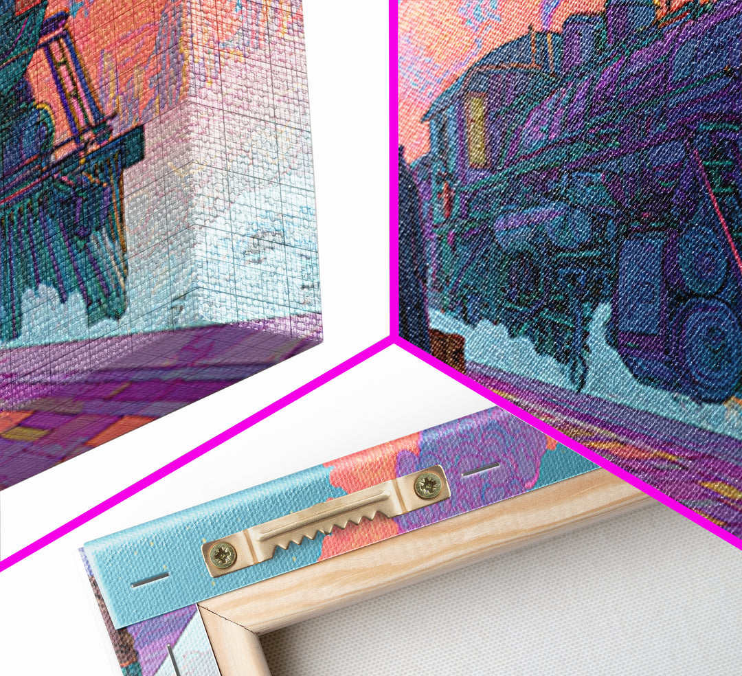 The Phantom Train To Kadath, Cute Spooky Neon Art, Wide Panoramic Art, Framed Canvas Print, Retro Halloween Decor, Neon Wall Art