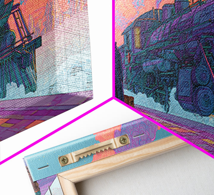 The Phantom Train To Kadath, Cute Spooky Neon Art, Wide Panoramic Art, Framed Canvas Print, Retro Halloween Decor, Neon Wall Art