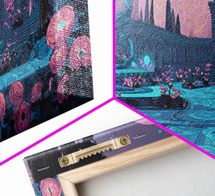 The Garden Of The Eyeless Moon, Synthwave Halloween Art, Wide Panoramic Art, Framed Canvas Print, Retro Halloween Decor, Neon Wall Art