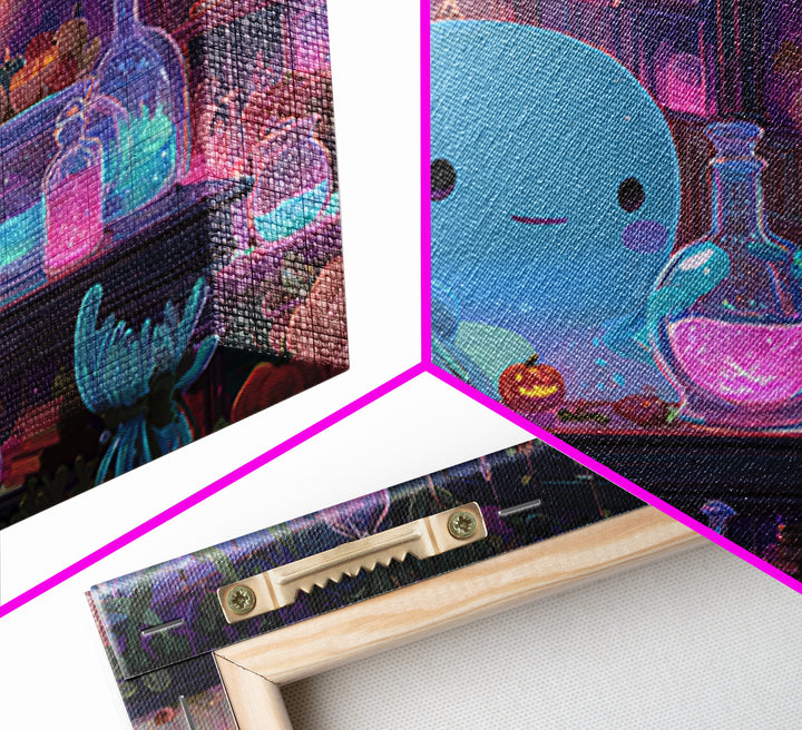 The Apothecary Of Black Seashell Dreams, Cosmic Synthwave Horror, Landscape Wall Art, Framed Canvas Print, Retro Halloween Decor