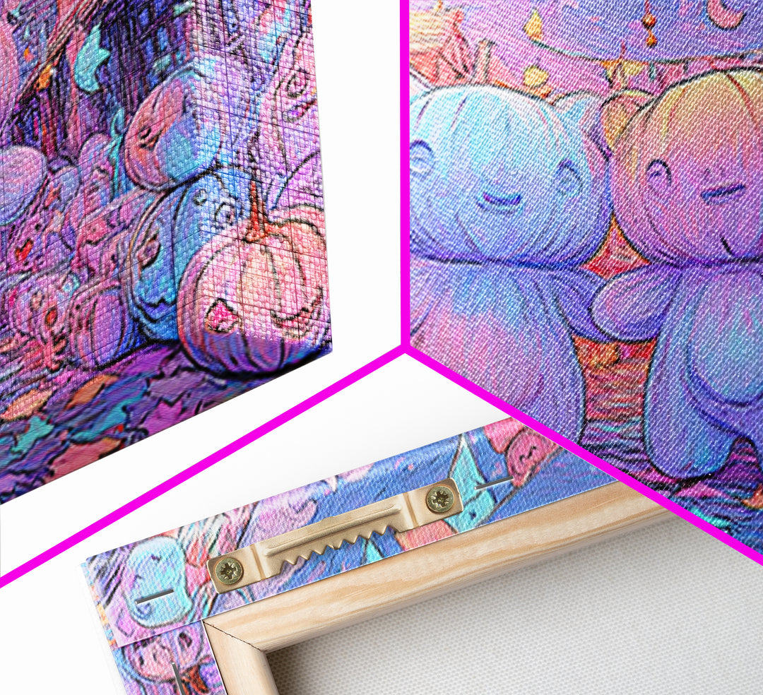 The Festival Of The Little Old Ones, Synthwave Halloween Art, Landscape Wall Art, Framed Canvas Print, Retro Halloween Decor, Neon Wall Art
