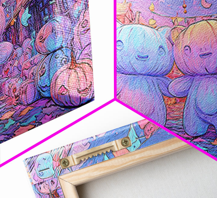 The Festival Of The Little Old Ones, Synthwave Halloween Art, Landscape Wall Art, Framed Canvas Print, Retro Halloween Decor, Neon Wall Art