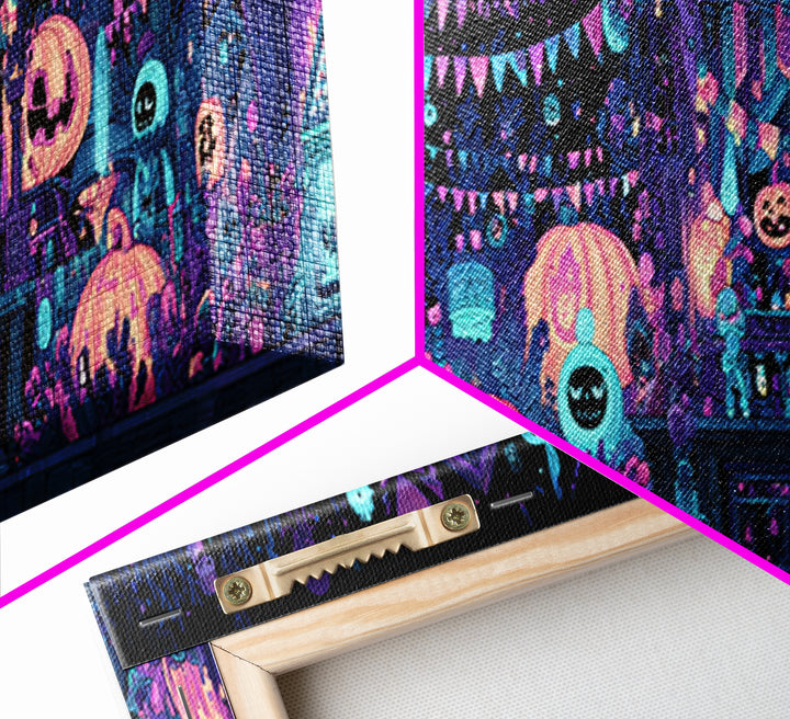 The Festival Of The Little Old Ones, Vaporwave Halloween Decor, Extra Wide Wall Art, Framed Canvas Print, Retro Halloween Decor