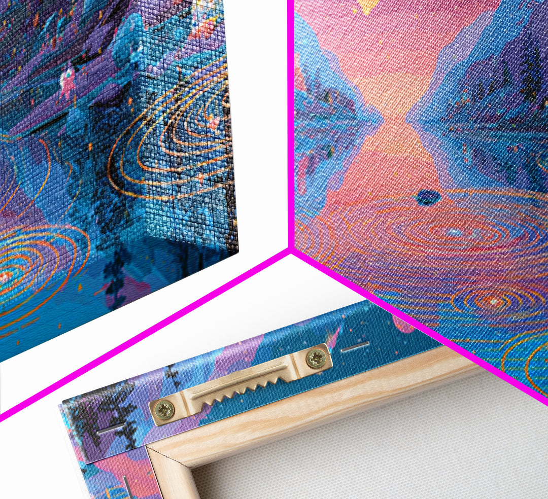 The Mirror Lake Of Lost Constellations, Synthwave Halloween Art, Wide Panoramic Art, Framed Canvas Print, Retro Halloween Decor