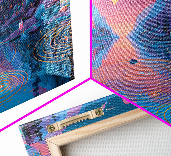 The Mirror Lake Of Lost Constellations, Synthwave Halloween Art, Wide Panoramic Art, Framed Canvas Print, Retro Halloween Decor
