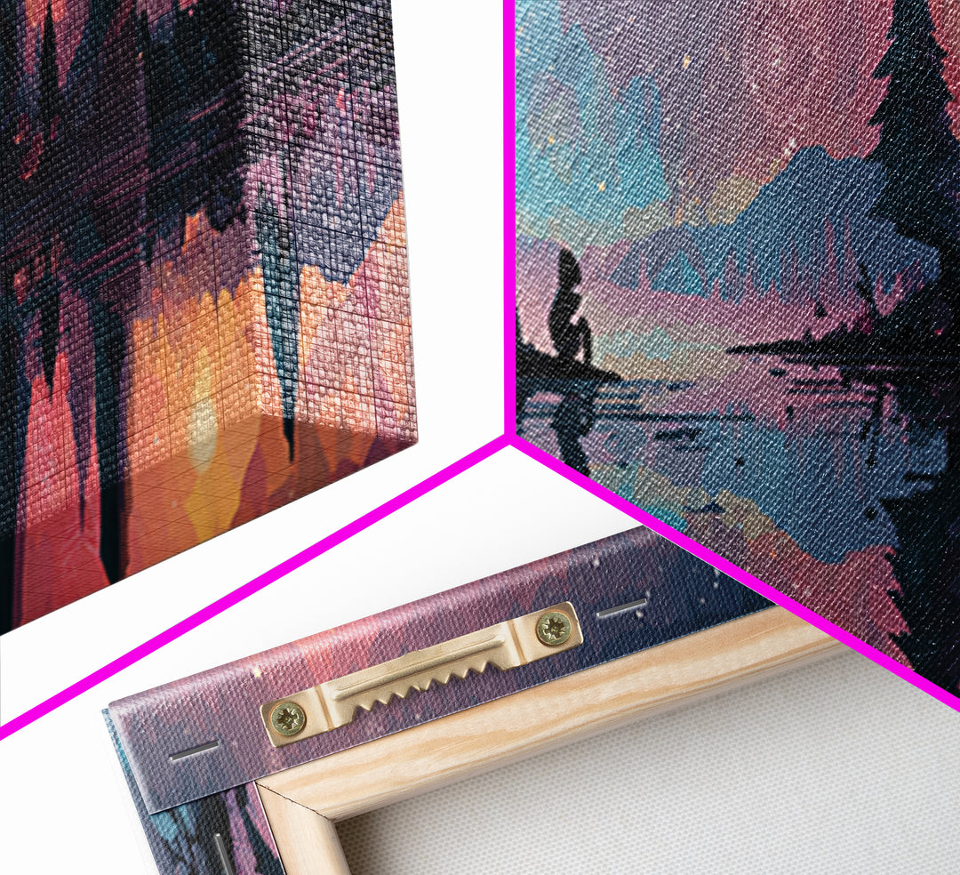 The Mirror Lake Of Lost Constellations, Cosmic Synthwave Horror, Extra Wide Wall Art, Framed Canvas Print, Retro Halloween Decor