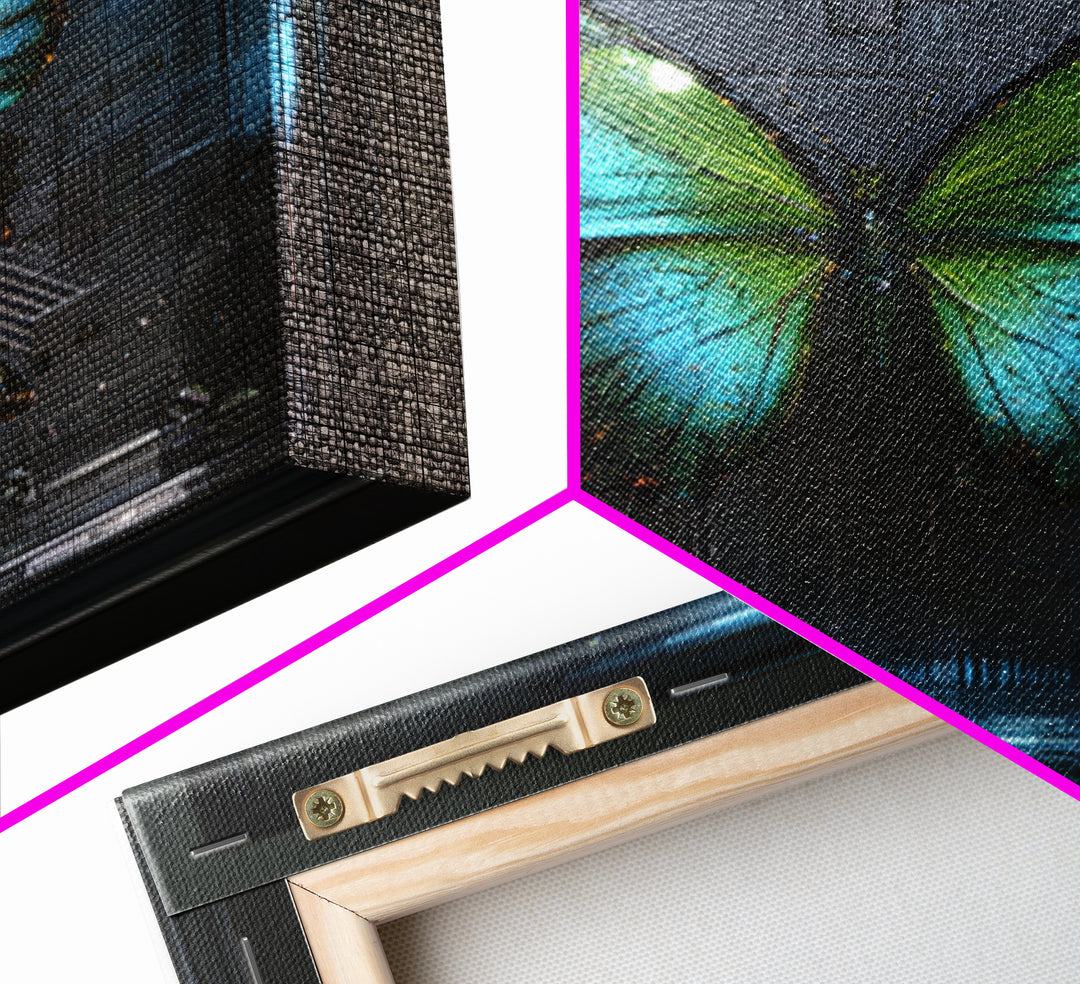 Holographic Butterfly over Black Metal Surface Canvas Print, Cyberpunk Art, Japanese Art, Living Room Decor, Fine Art, Neon, CYB-1x1-19