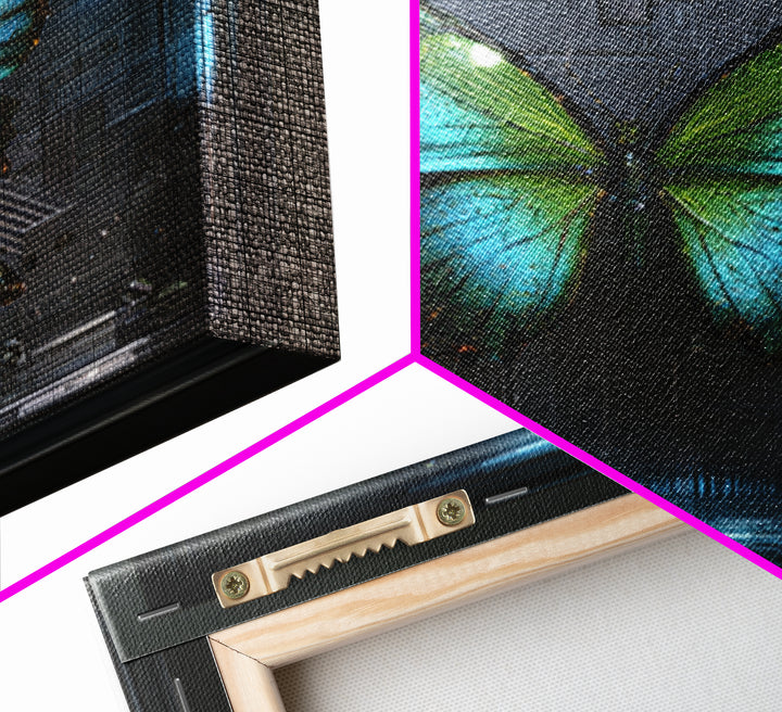 Holographic Butterfly over Black Metal Surface Canvas Print, Cyberpunk Art, Japanese Art, Living Room Decor, Fine Art, Neon, CYB-1x1-19