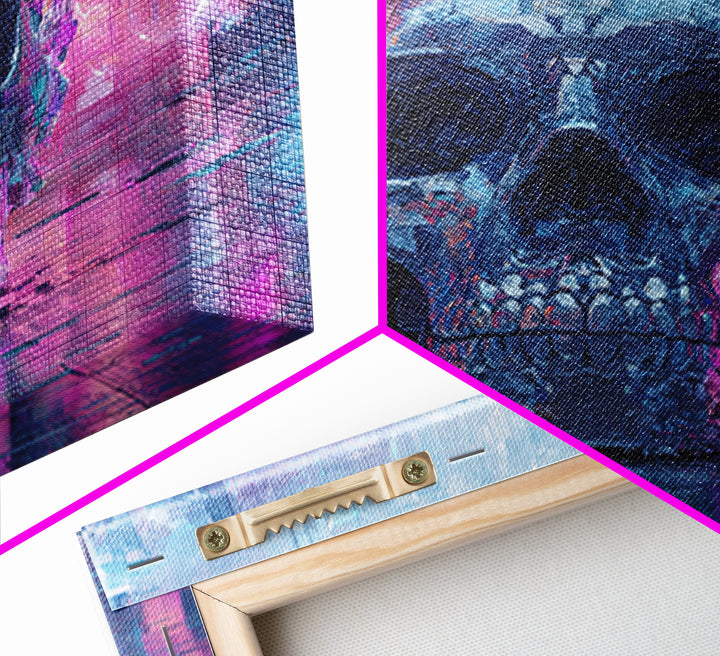 Cyberpunk Skull with Chrome and Violet Light Canvas Print, Cyberpunk Art, Art Print, Living Room Decor, Fine Art, Neon, CYB-1x1-20