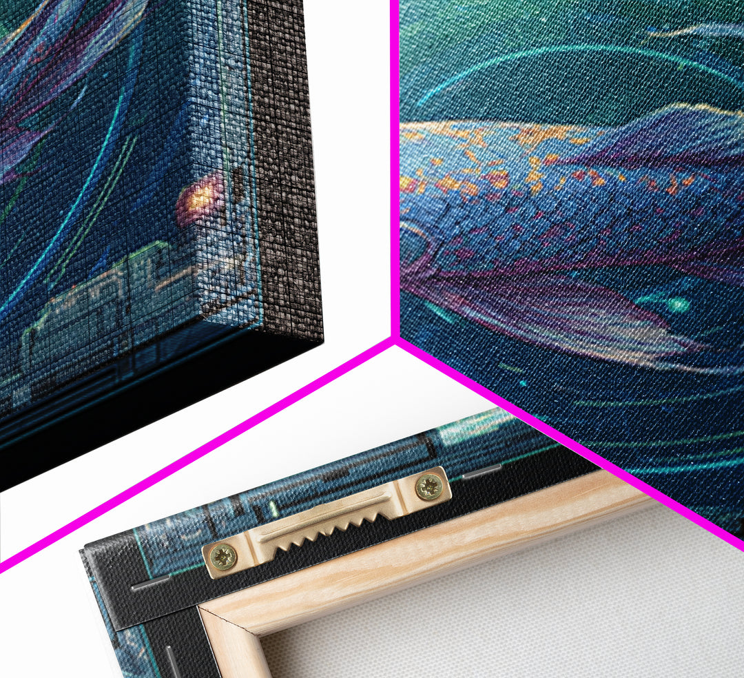 Cyberpunk Koi Swimming Through Electric Blue Water Canvas Print, Cyberpunk Art, Textured Painting, Living Room Decor, Neon, CYB-1x1-29