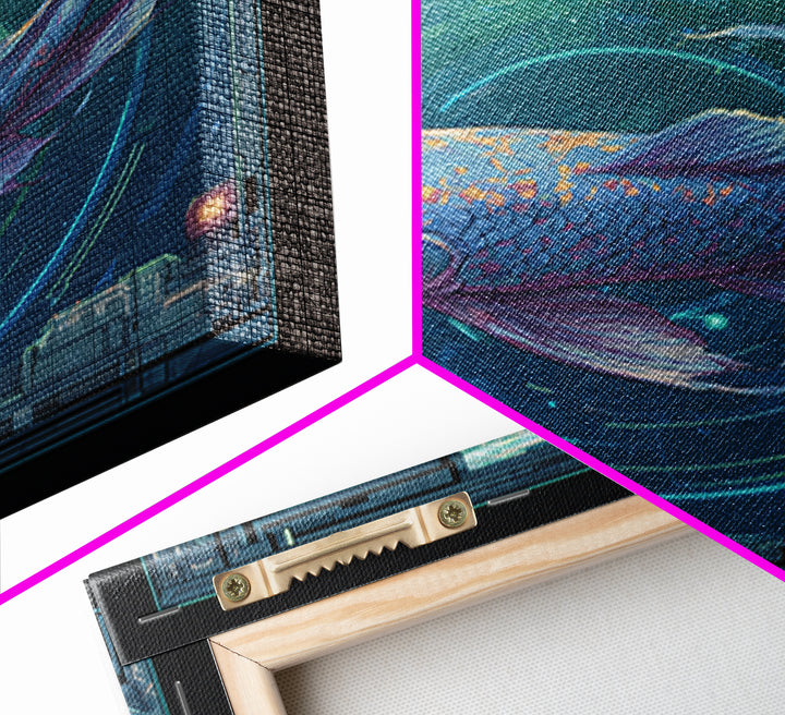 Cyberpunk Koi Swimming Through Electric Blue Water Canvas Print, Cyberpunk Art, Textured Painting, Living Room Decor, Neon, CYB-1x1-29