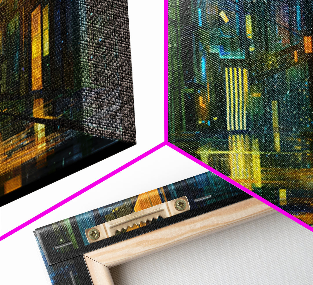 Rain Soaked Alley Framed Canvas Print, Cyberpunk Art, Gallery Decor, Living Room Decor, Fine Art, Neon, Wall Art, Home Decor, CYB-1x1-32