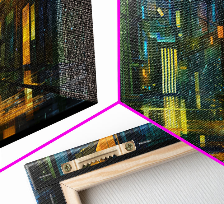 Rain Soaked Alley Framed Canvas Print, Cyberpunk Art, Gallery Decor, Living Room Decor, Fine Art, Neon, Wall Art, Home Decor, CYB-1x1-32