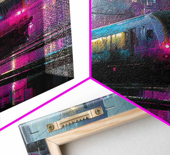 City Train Rushing Through Pink Electric Haze Framed Canvas Print, Cyberpunk Art, Boho Decor, Living Room Decor, Oil Painting, CYB-1x1-37