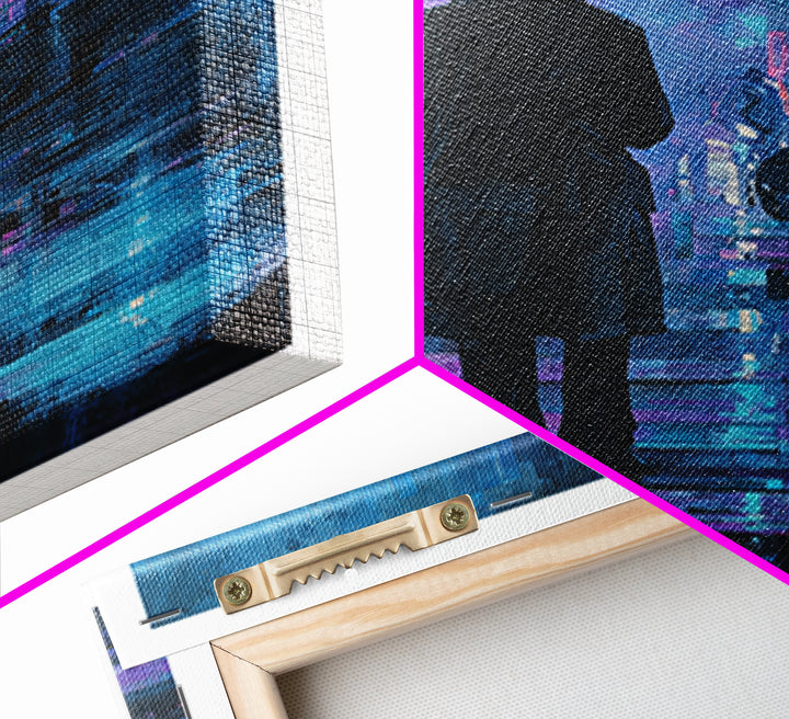 Glowing Umbrella Figure Framed Canvas Print, Cyberpunk Art, Cyberpunk Decor, Living Room Decor, Fine Art, Neon, Modern Decor, CYB-1x1-39