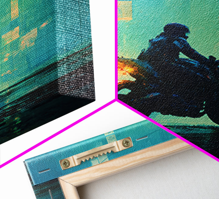 Motorcycle Rider under Holographic Signs Canvas Print, Cyberpunk Art, Home Decor, Living Room Decor, Neon, Japanese Wall Art, CYB-1x1-4