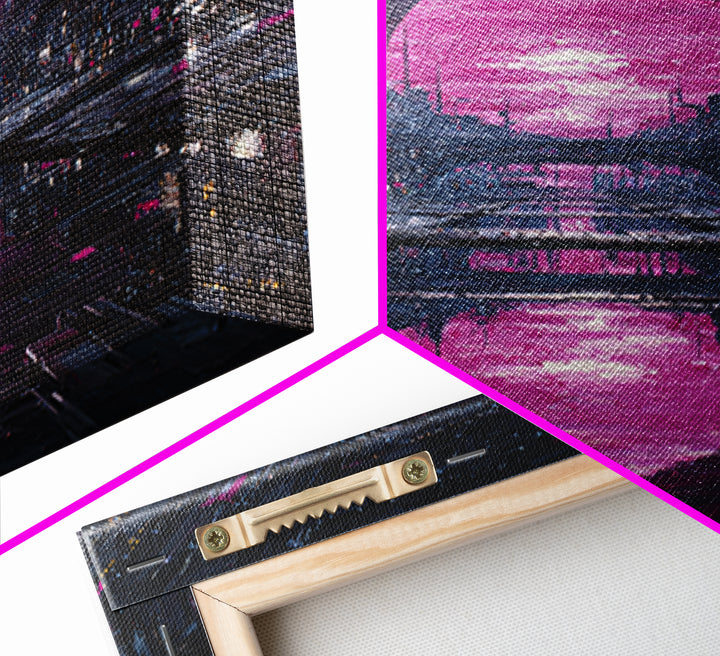 Dystopian Moon over Dense Rooftops Framed Canvas Print, Cyberpunk Art, Cyberpunk Helmet, Living Room Decor, Abstract Art, Neon, CYB-1x1-42