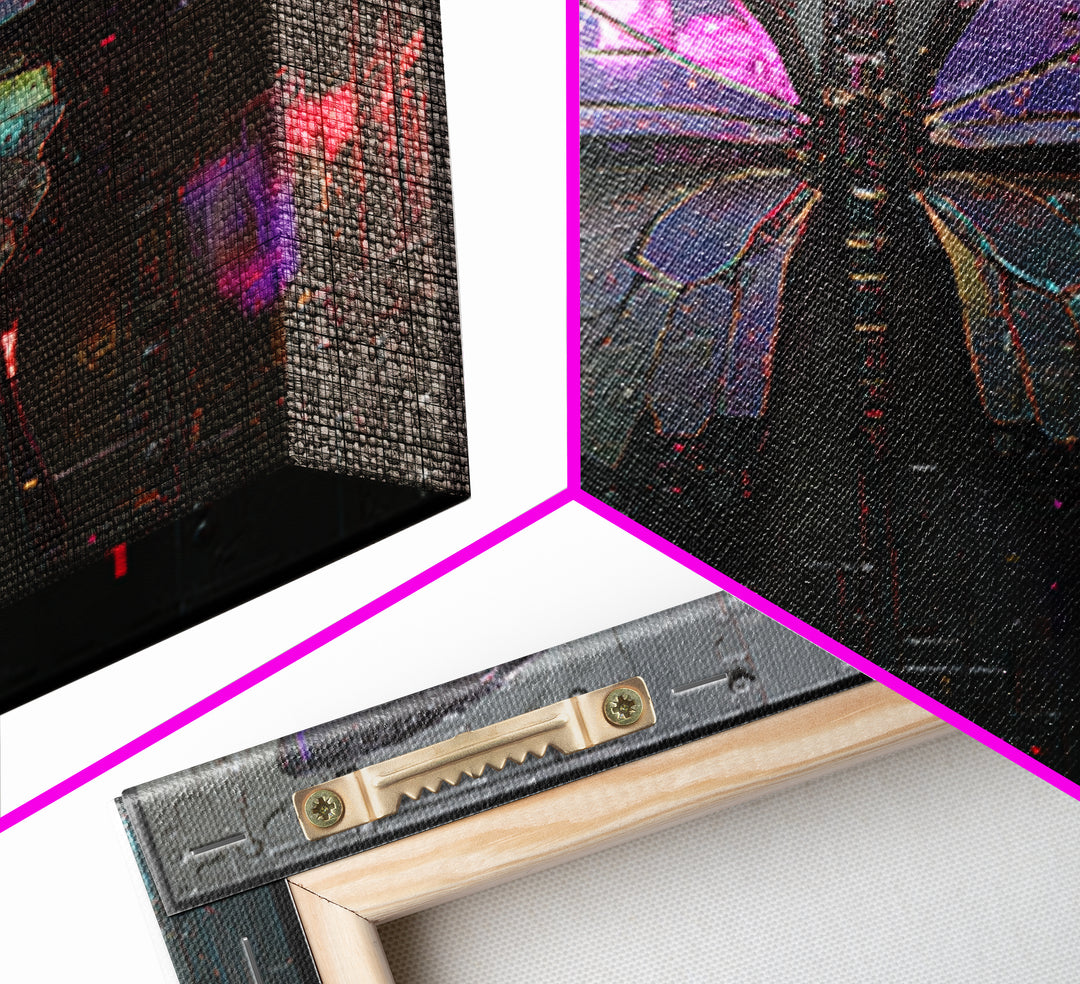 Holographic Butterfly over Black Metal Surface Framed Canvas Print, Cyberpunk Art, Man Cave Decor, Living Room Decor, Neon, CYB-1x1-43