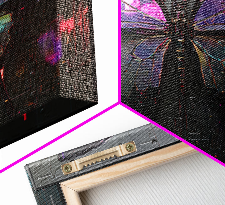 Holographic Butterfly over Black Metal Surface Framed Canvas Print, Cyberpunk Art, Man Cave Decor, Living Room Decor, Neon, CYB-1x1-43