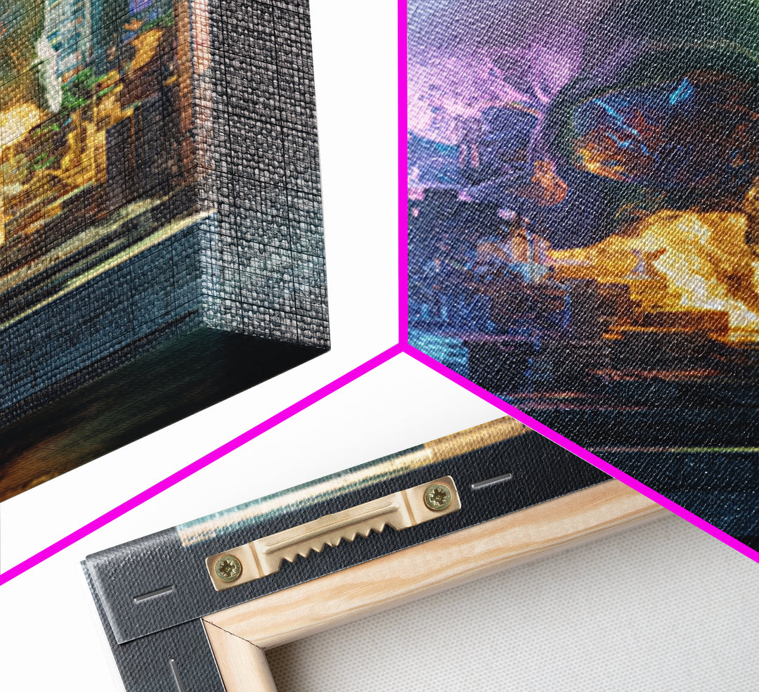 Cyberpunk Skull with Chrome and Violet Light Framed Canvas Print, Cyberpunk Art, Movie Posters, Living Room Decor, Neon, CYB-1x1-44