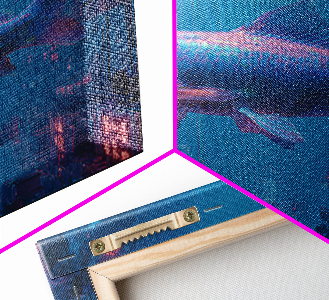 Cyberpunk Koi Swimming Through Electric Blue Water Canvas Print, Cyberpunk Art, Fine Art Print, Living Room Decor, Neon, CYB-1x1-5