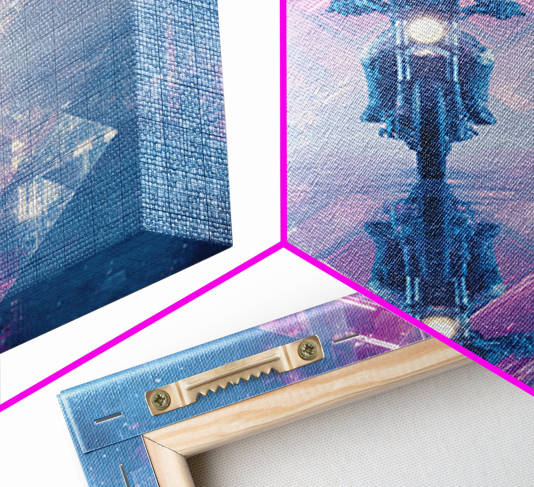 Motorcycle Rider under Holographic Signs Framed Canvas Print, Cyberpunk Art, Cool Wall Art, Living Room Decor, Fine Art, Neon, CYB-1x1-52