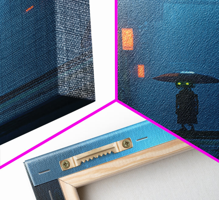 Glowing Umbrella Figure Framed Canvas Print, Cyberpunk Art, Neutral Decor, Living Room Decor, Fine Art, Neon, Home Decor, CYB-1x1-63