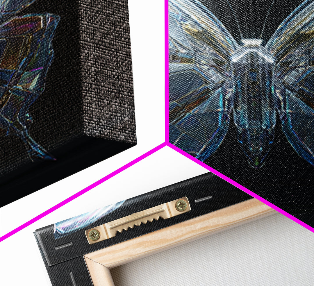 Holographic Butterfly over Black Metal Surface Framed Canvas Print, Cyberpunk Art, Modern Decor, Living Room Decor, Neon, CYB-1x1-67