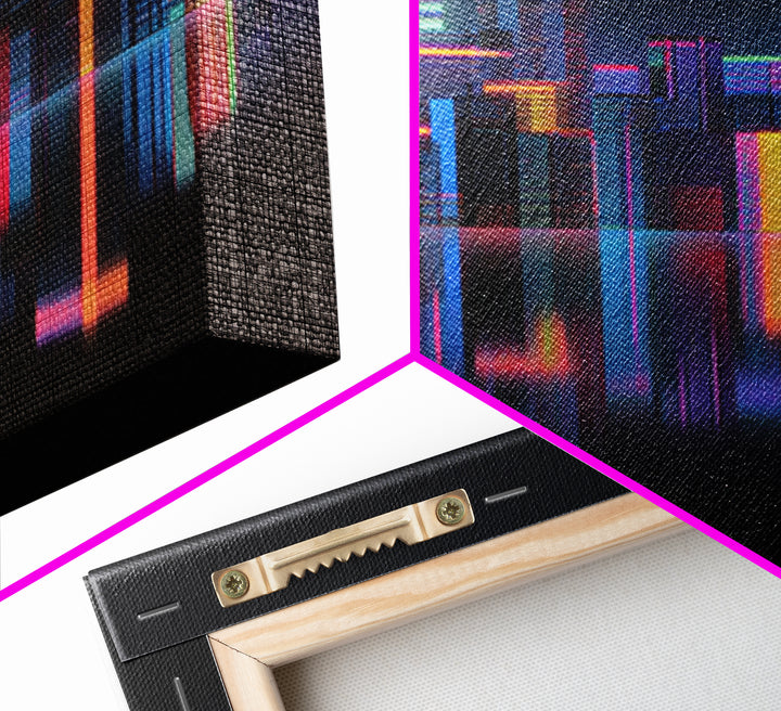 Neon Skyline Reflected Framed Canvas Print, Cyberpunk Art, Minimalist Poster, Living Room Decor, Fine Art, Neon, CYB-1x1-70