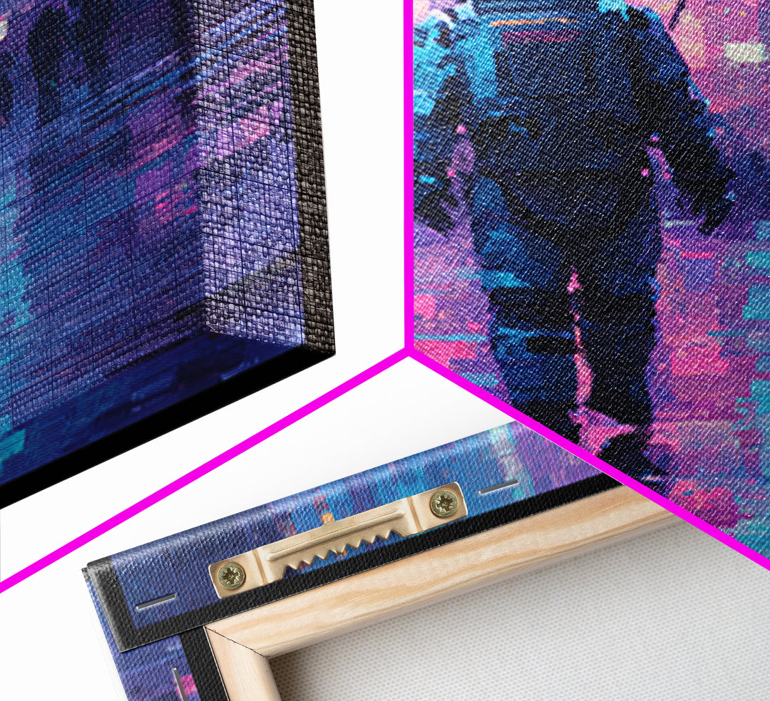 Astronaut Street Wanderer Framed Canvas Print, Cyberpunk Art, Cyberpunk Tarot, Living Room Decor, Fine Art, Neon, CYB-1x1-71