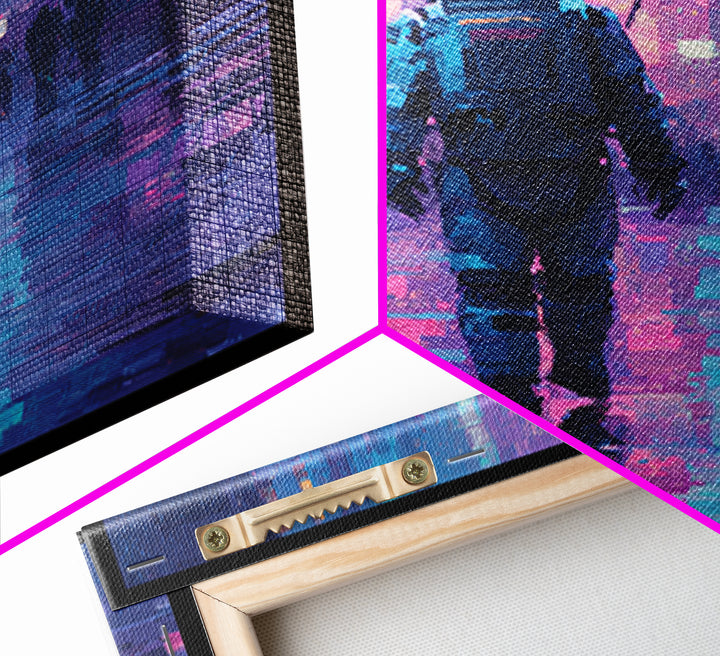 Astronaut Street Wanderer Framed Canvas Print, Cyberpunk Art, Cyberpunk Tarot, Living Room Decor, Fine Art, Neon, CYB-1x1-71