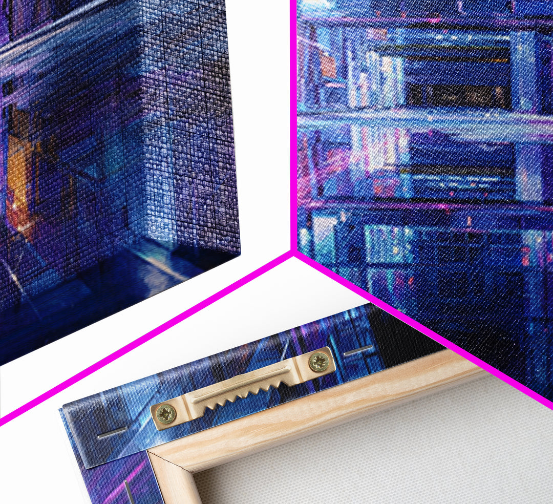 Rain Soaked Alley Framed Canvas Print, Cyberpunk Art, Fine Art Print, Living Room Decor, Abstract Art, Neon, Wall Decor, CYB-1x1-80