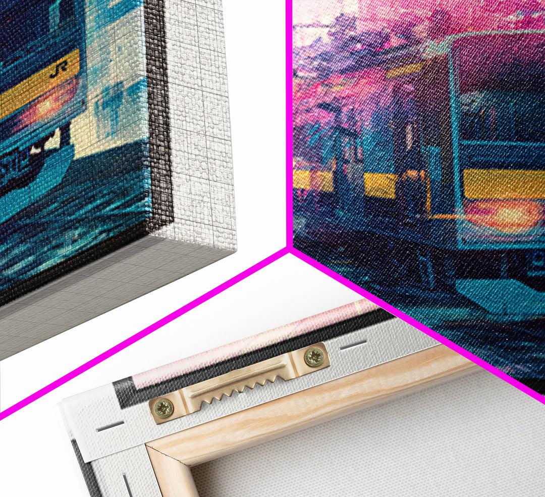City Train Rushing Through Pink Electric Haze Canvas Print, Cyberpunk Art, Minimalist Decor, Living Room Decor, Fine Art, Neon, CYB-1x1-85