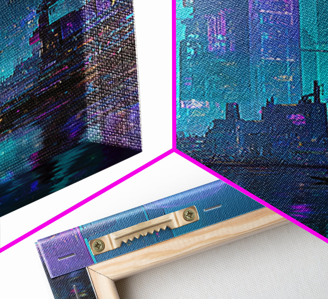 Futuristic City Skyline Canvas Print, Cyberpunk Art, Gallery Decor, Living Room Decor, Fine Art, Neon, Wall Art, Home Decor, CYB-1x3-14