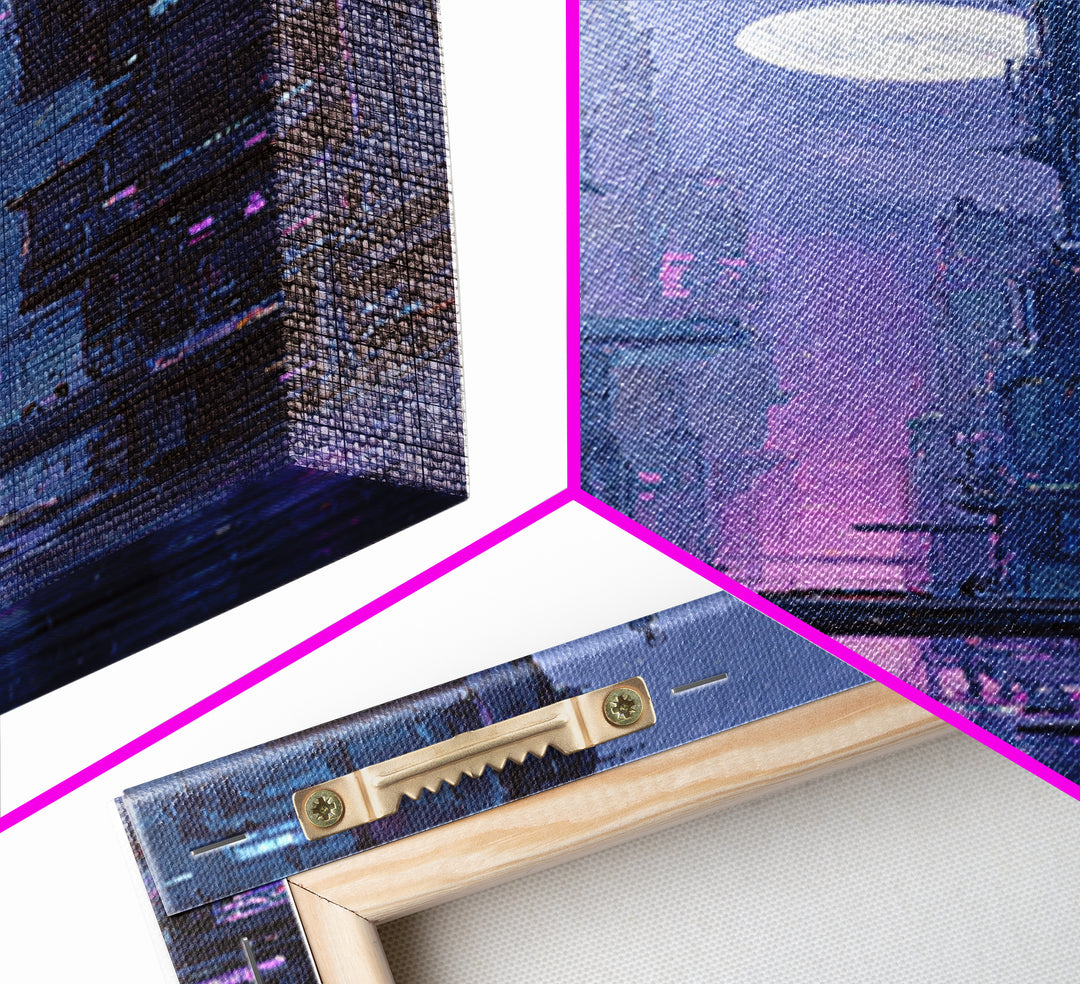 Dystopian Moon over Dense Rooftops Framed Canvas Print, Cyberpunk Art, Fantasy Art, Living Room Decor, Oil Painting, Neon, CYB-1x3-30