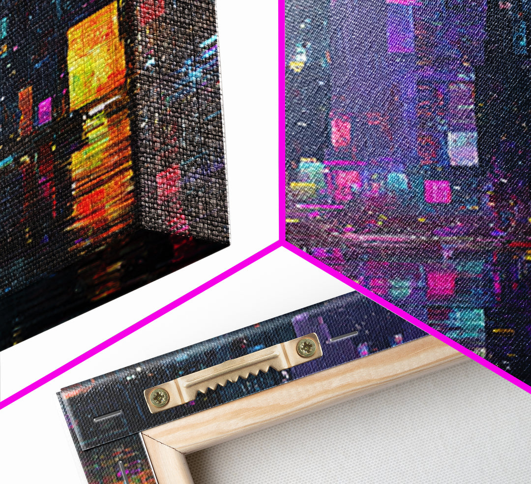 Neon Skyline Reflected Framed Canvas Print, Cyberpunk Art, Modern Wall Decor, Living Room Decor, Abstract Art, Neon, CYB-1x3-34