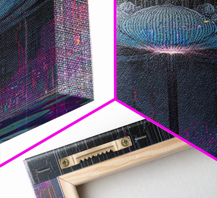 Electric Lotus Flower Framed Canvas Print, Cyberpunk Art, Textured Painting, Living Room Decor, Neon, Digital Wall Art, CYB-1x3-53