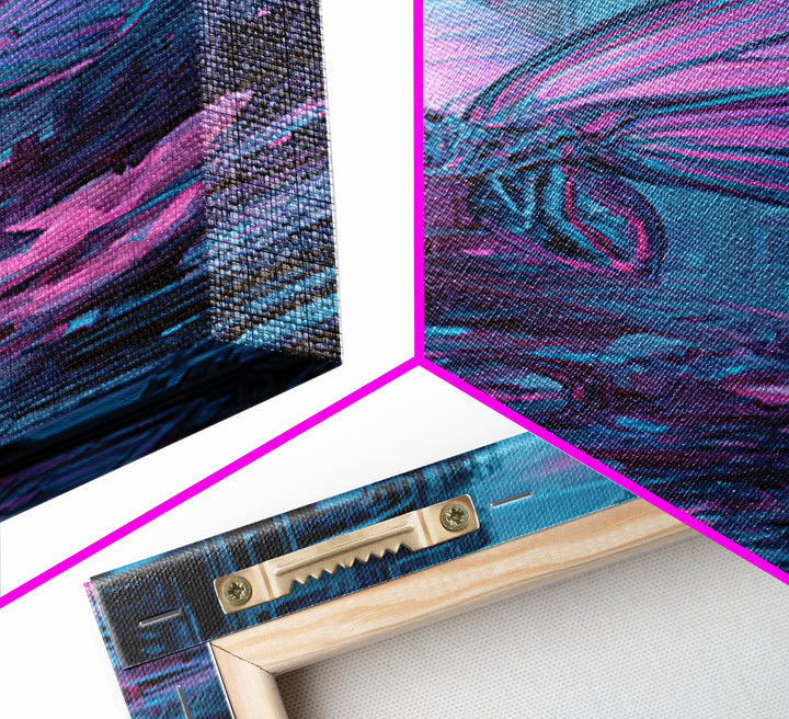 Holographic Butterfly over Black Metal Surface Canvas Print, Cyberpunk Art, Man Cave Decor, Living Room Decor, Fine Art, Neon, CYB-1x3-55