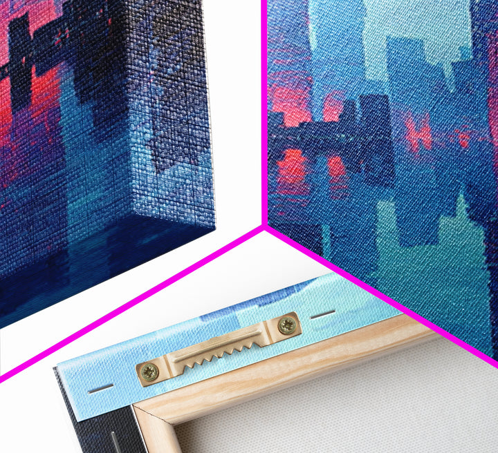 Neon Skyline Reflected Framed Canvas Print, Cyberpunk Art, Modern Wall Decor, Living Room Decor, Abstract Art, Neon, CYB-1x3-58